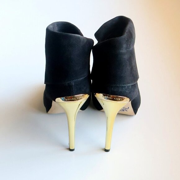 Michael Kors Black Suede Leather Peep Toe Gold Heel Ankle Boots / Booties Sz. 10 - Picture 5 of 16